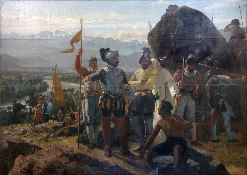 Bức tranh vẽ năm 1889 của Pedro Lira về sự thành lập thủ đô Santiago, Chile của những người chinh phục. Ảnh: Bảo tàng lịch sử quốc gia Argentina. 